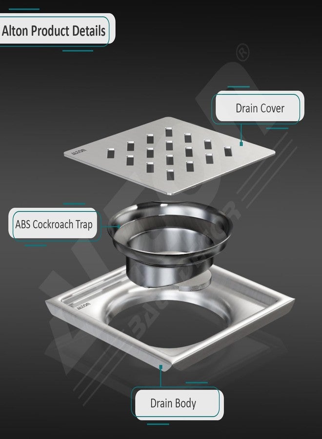 ALTON ALD1003, SS-304 Grade, 6x6 INCH Plain, Bathroom Grating Square Floor Drain Jali with ABS Cockroach Trap, Matte - Image 3